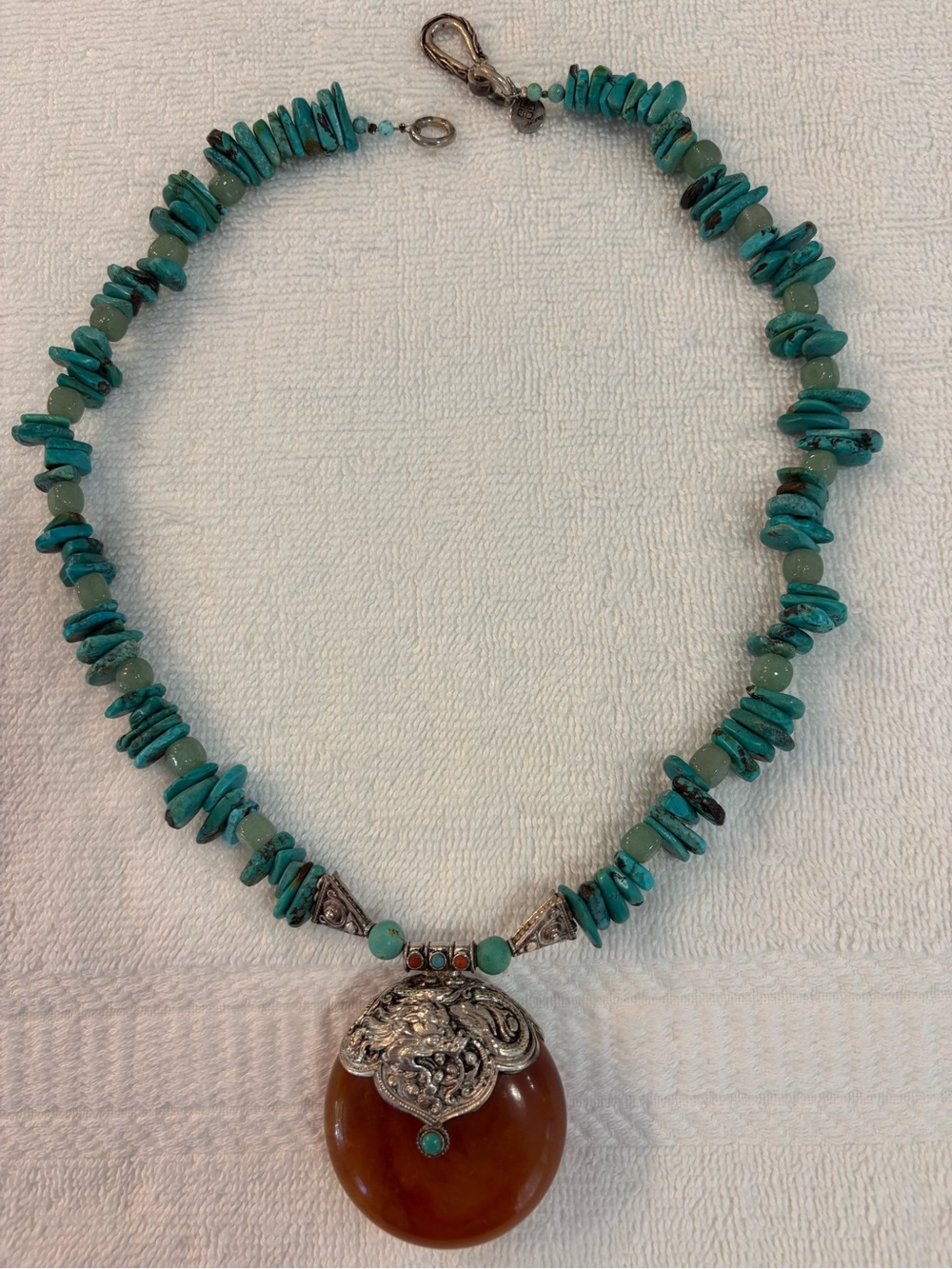 Turquoise Chip Necklace with Amber-Red Pendant - Women Jewelry